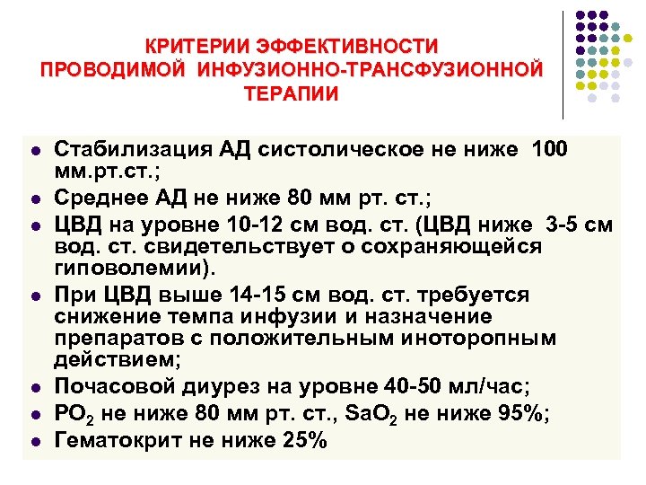 КРИТЕРИИ ЭФФЕКТИВНОСТИ ПРОВОДИМОЙ ИНФУЗИОННО-ТРАНСФУЗИОННОЙ ТЕРАПИИ l l l l Стабилизация АД систолическое не ниже