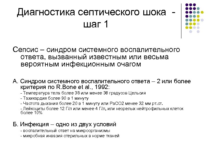Диагностика септического шока - шаг 1 Сепсис – синдром системного воспалительного ответа, вызванный известным