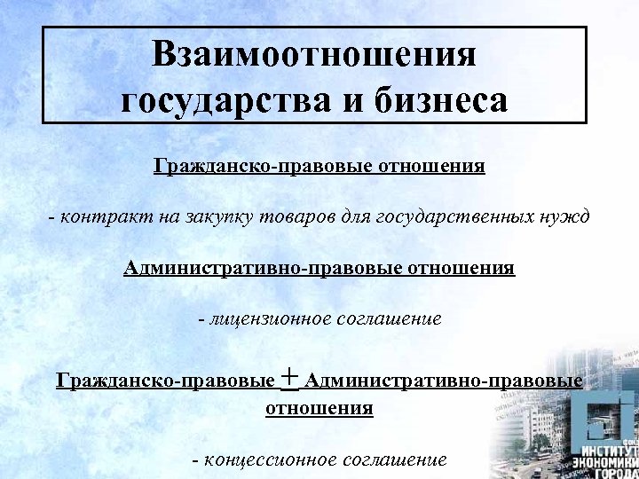 Взаимоотношения государства и бизнеса Гражданско-правовые отношения - контракт на закупку товаров для государственных нужд