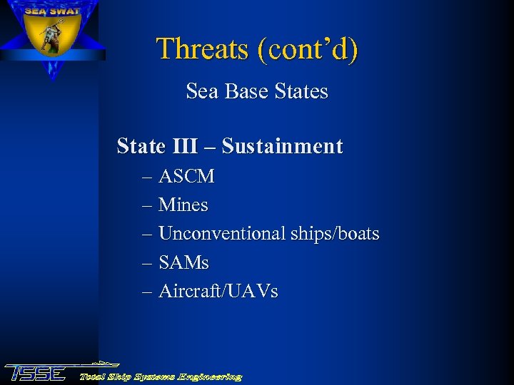 Threats (cont’d) Sea Base States State III – Sustainment – ASCM – Mines –