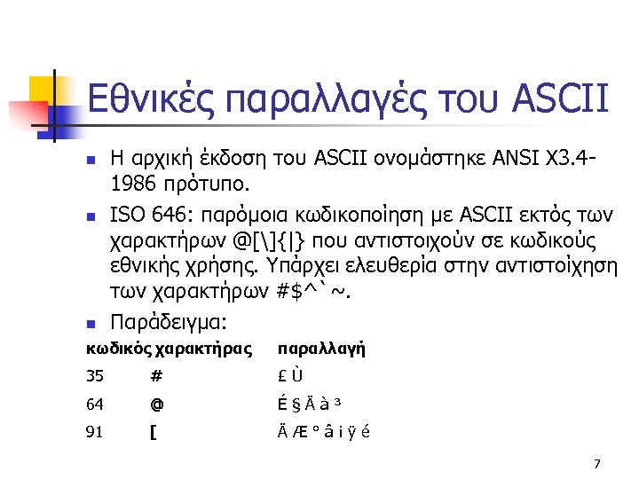 Εθνικές παραλλαγές του ASCII n n n Η αρχική έκδοση του ASCII ονομάστηκε ANSI