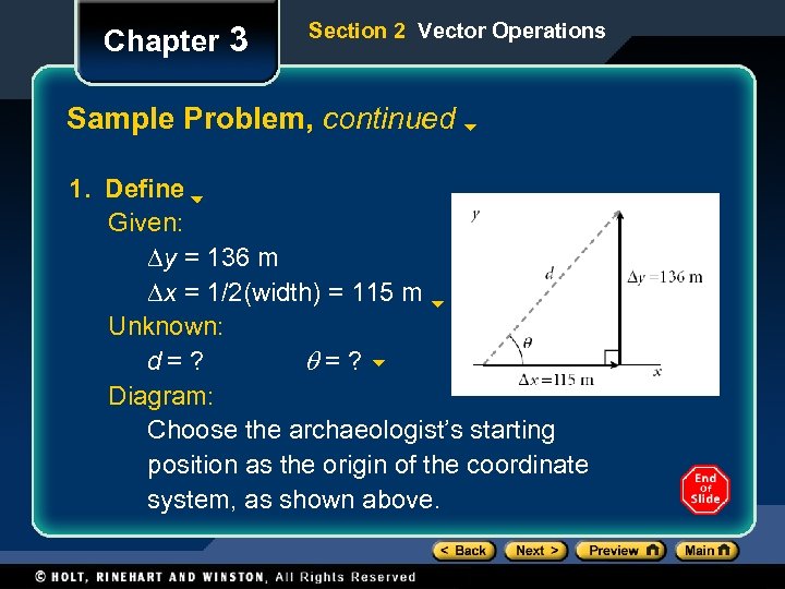 Chapter 3 Section 2 Vector Operations Sample Problem, continued 1. Define Given: Dy =