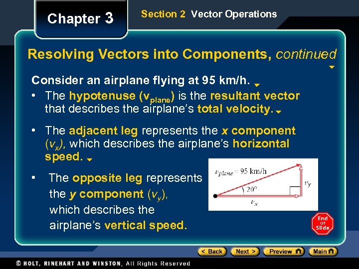 Chapter 3 Section 2 Vector Operations Resolving Vectors into Components, continued Consider an airplane