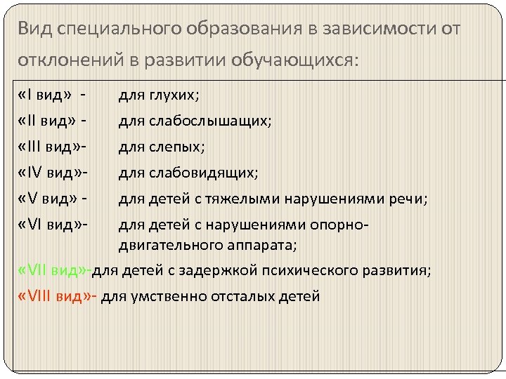 Вид специального образования в зависимости от отклонений в развитии обучающихся: «I вид» «III вид»
