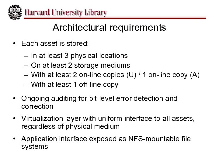 Architectural requirements • Each asset is stored: – – In at least 3 physical