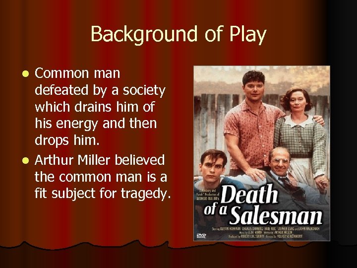 Background of Play Common man defeated by a society which drains him of his