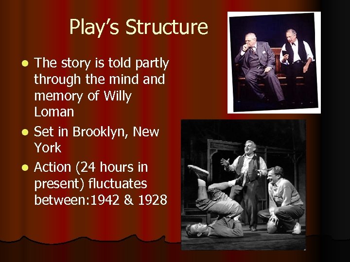 Play’s Structure The story is told partly through the mind and memory of Willy