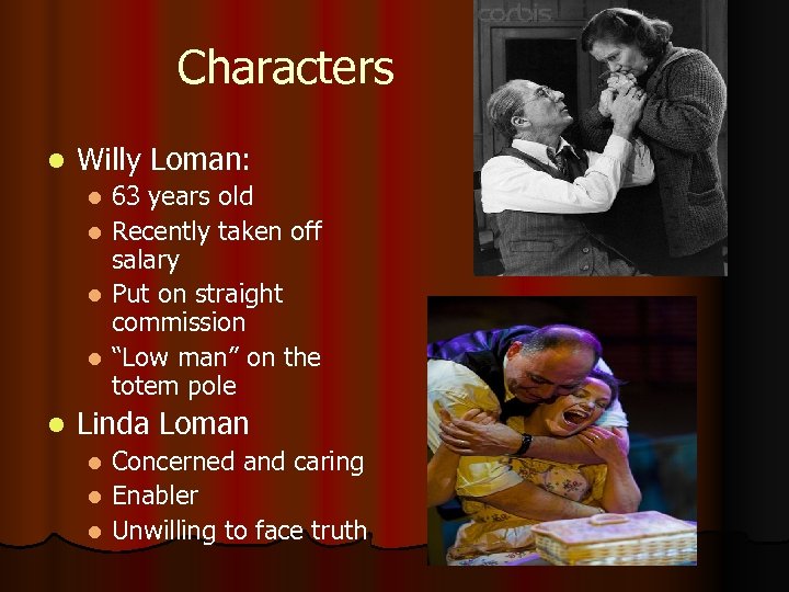 Characters l Willy Loman: 63 years old l Recently taken off salary l Put