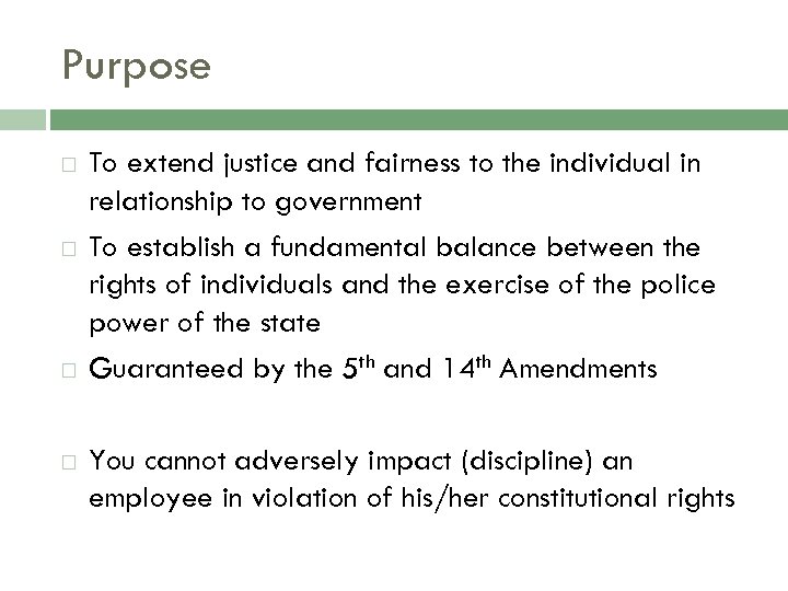Purpose To extend justice and fairness to the individual in relationship to government To