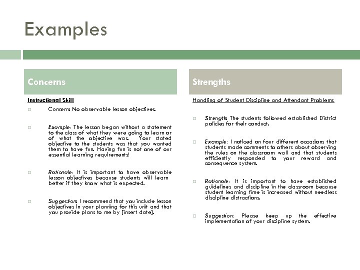 Examples Concerns Strengths Instructional Skill Concern: No observable lesson objectives. Handling of Student Discipline