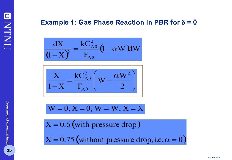 Example 1: Gas Phase Reaction in PBR for δ = 0 Department of Chemical