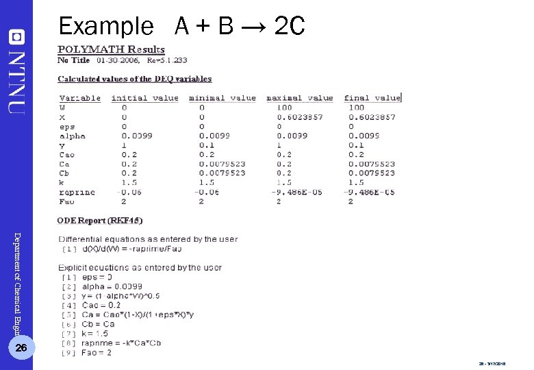 Example A + B → 2 C Department of Chemical Engineering 26 26 -