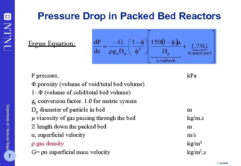 Pressure Drop in Packed Bed Reactors Ergun Equation: Department of Chemical Engineering 7 P