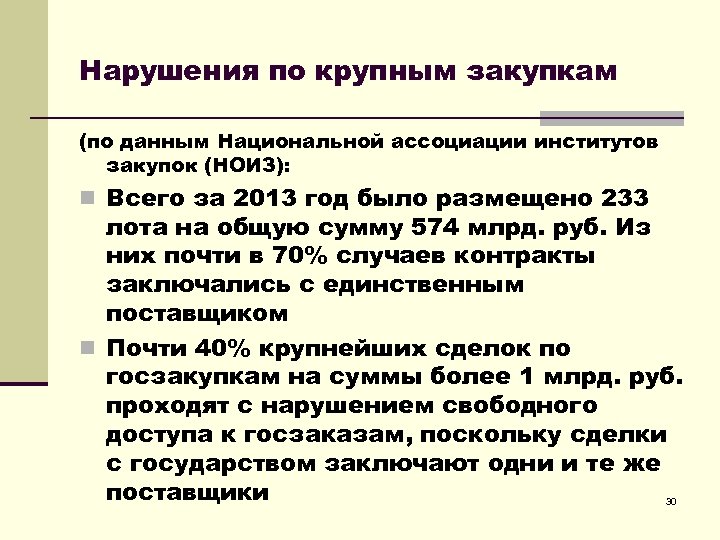 Нарушения по крупным закупкам (по данным Национальной ассоциации институтов закупок (НОИЗ): n Всего за