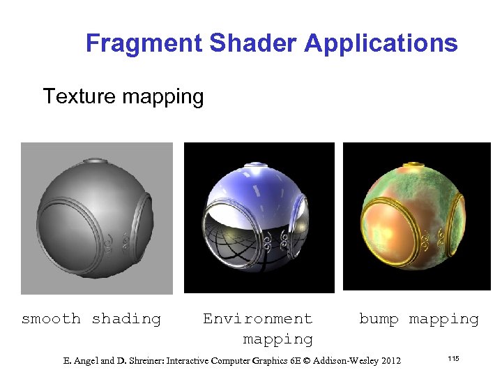 Fragment Shader Applications Texture mapping smooth shading Environment mapping bump mapping E. Angel and