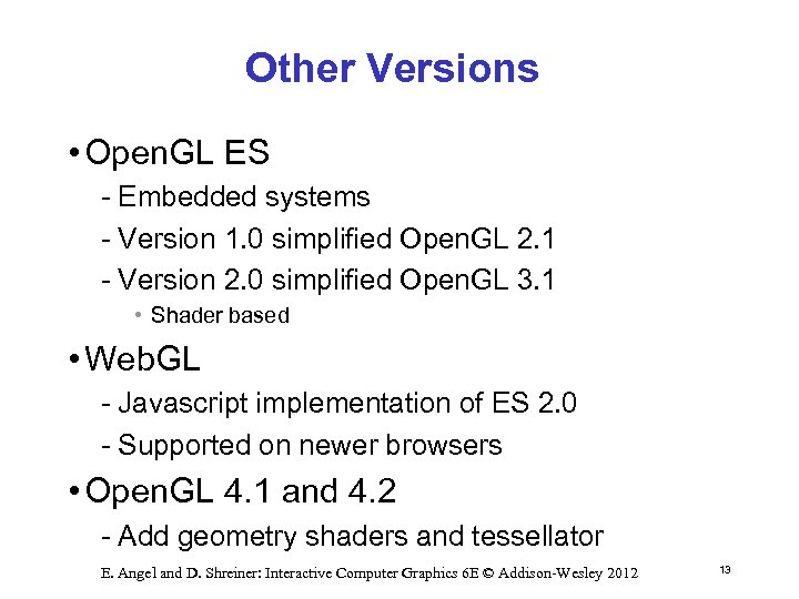 Other Versions • Open. GL ES Embedded systems Version 1. 0 simplified Open. GL