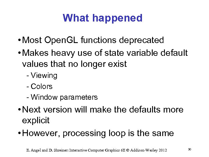 What happened • Most Open. GL functions deprecated • Makes heavy use of state