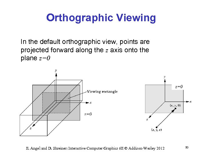 Orthographic Viewing In the default orthographic view, points are projected forward along the z