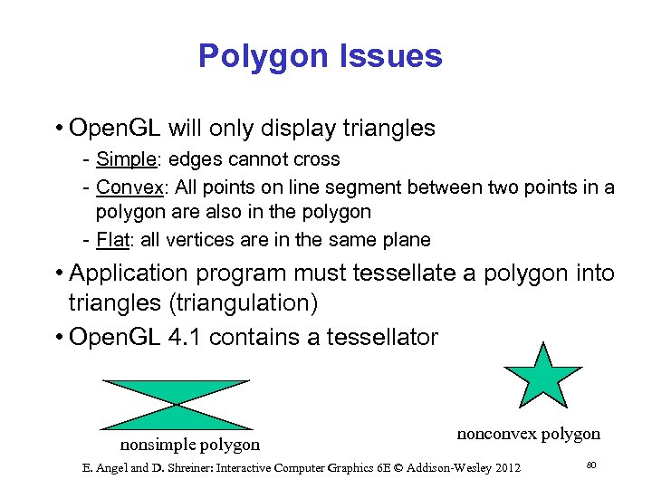 Polygon Issues • Open. GL will only display triangles Simple: edges cannot cross Convex: