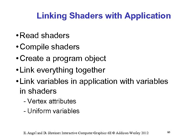 Linking Shaders with Application • Read shaders • Compile shaders • Create a program