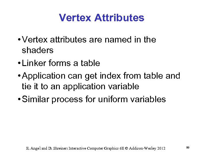 Vertex Attributes • Vertex attributes are named in the shaders • Linker forms a