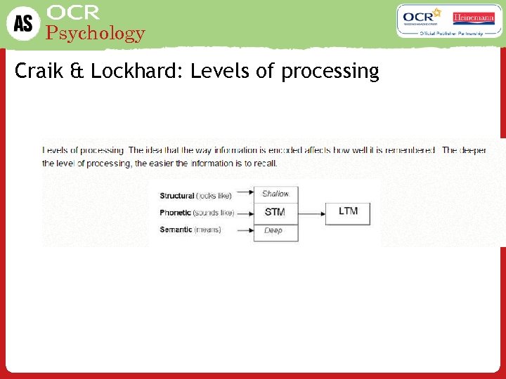 Psychology Craik & Lockhard: Levels of processing 