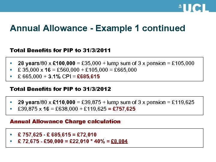 Annual Allowance - Example 1 continued Total Benefits for PIP to 31/3/2011 • •