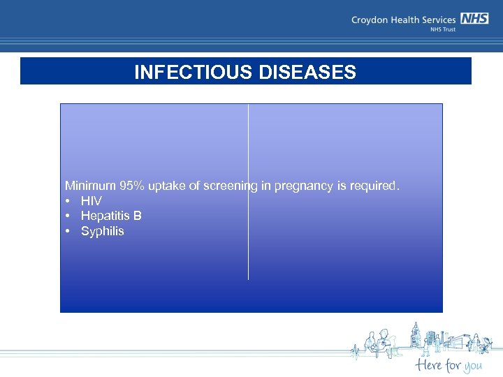 INFECTIOUS DISEASES Minimum 95% uptake of screening in pregnancy is required. • HIV •