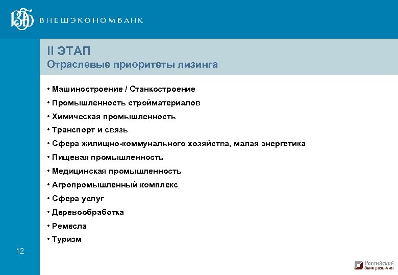 II ЭТАП Отраслевые приоритеты лизинга • Машиностроение / Станкостроение • Промышленность стройматериалов • Химическая