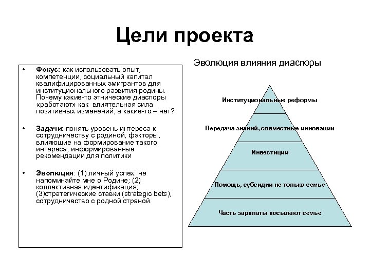 Цели проекта • • • Фокус: как использовать опыт, компетенции, социальный капитал квалифицированных эмигрантов