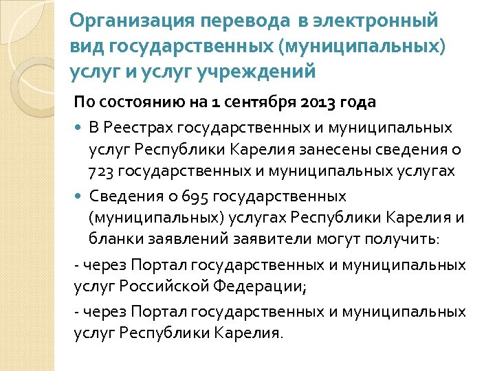 Организация перевода в электронный вид государственных (муниципальных) услуг и услуг учреждений По состоянию на