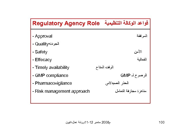 Regulatory Agency Role ﻗﻮﺍﻋﺪ ﺍﻟﻮﻛﺎﻟﺔ ﺍﻟﺘﻨﻈﻴﻤﻴﺔ - Approval ﺍﻟﻤﻮﺍﻓﻘﺔ - Quality ﺍﻟﺠﻮﺩﺓﻪ - Safety