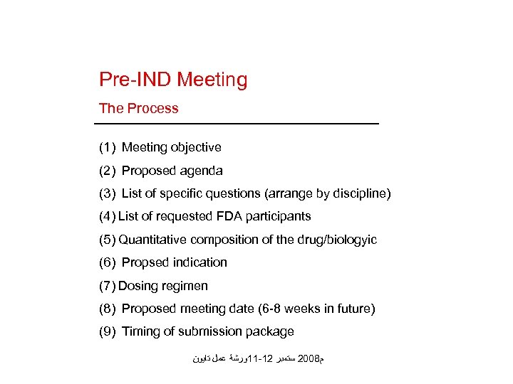 Pre-IND Meeting The Process (1) Meeting objective (2) Proposed agenda (3) List of specific