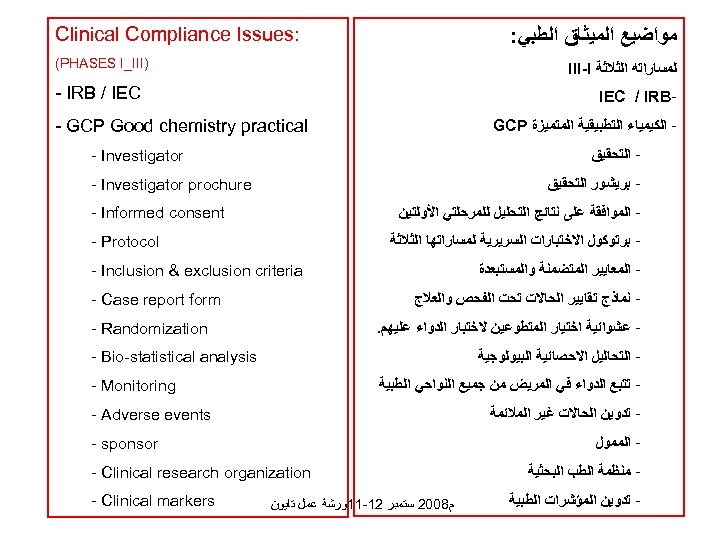  : Clinical Compliance Issues ﻣﻮﺍﺿﻴﻊ ﺍﻟﻤﻴﺜﺎﻕ ﺍﻟﻄﺒﻲ: ) (PHASES I_III ﻟﻤﺴﺎﺭﺍﺗﻪ ﺍﻟﺜﻼﺛﺔ III-I