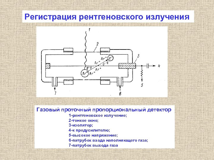 Регистрация рентгеновского излучения Газовый проточный пропорциональный детектор 1 -рентгеновское излучение; 2 -тонкое окно; 3