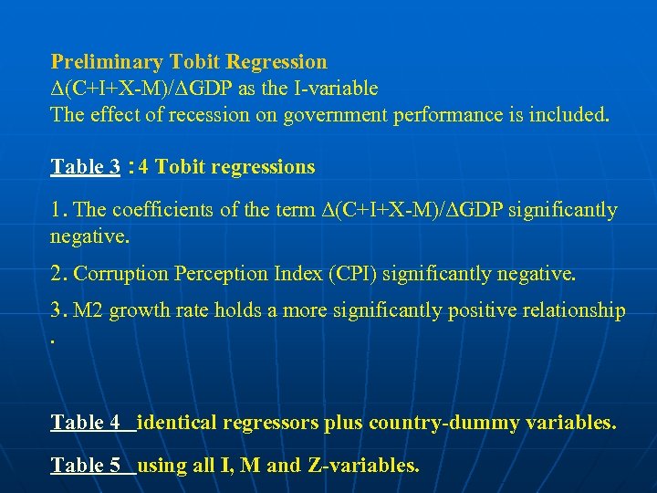 Preliminary Tobit Regression Δ(C+I+X-M)/ΔGDP as the I-variable The effect of recession on government performance