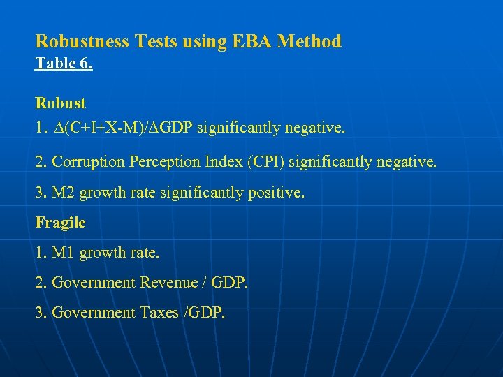 Robustness Tests using EBA Method Table 6. Robust 1. Δ(C+I+X-M)/ΔGDP significantly negative. 2. Corruption