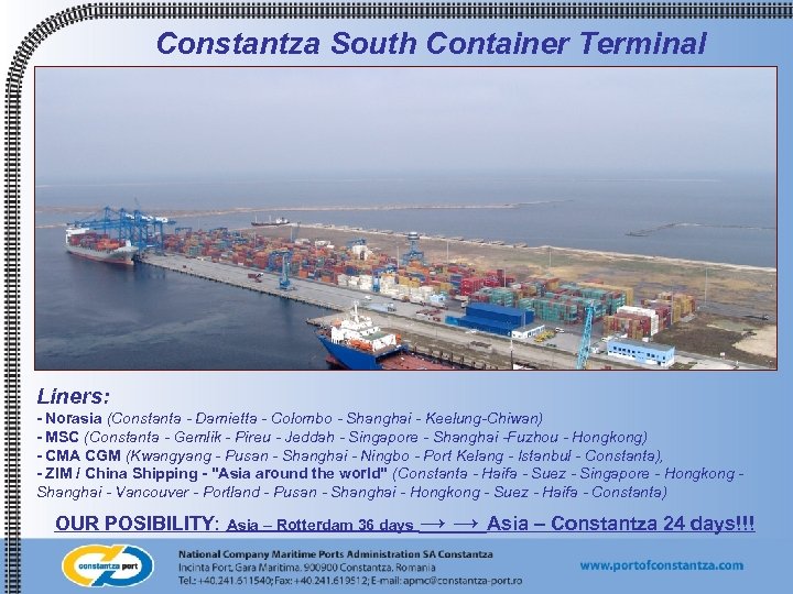 Constantza South Container Terminal Liners: - Norasia (Constanta - Damietta - Colombo - Shanghai