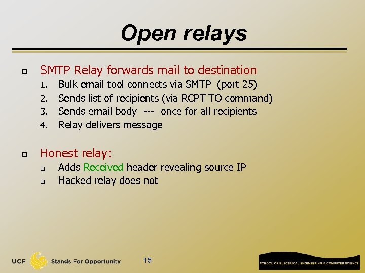 Open relays q SMTP Relay forwards mail to destination 1. 2. 3. 4. q