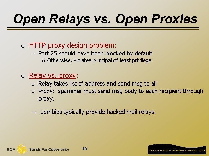 Open Relays vs. Open Proxies q HTTP proxy design problem: q Port 25 should