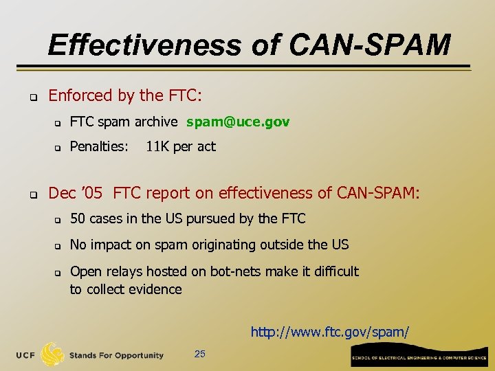 Effectiveness of CAN-SPAM q Enforced by the FTC: q q q FTC spam archive