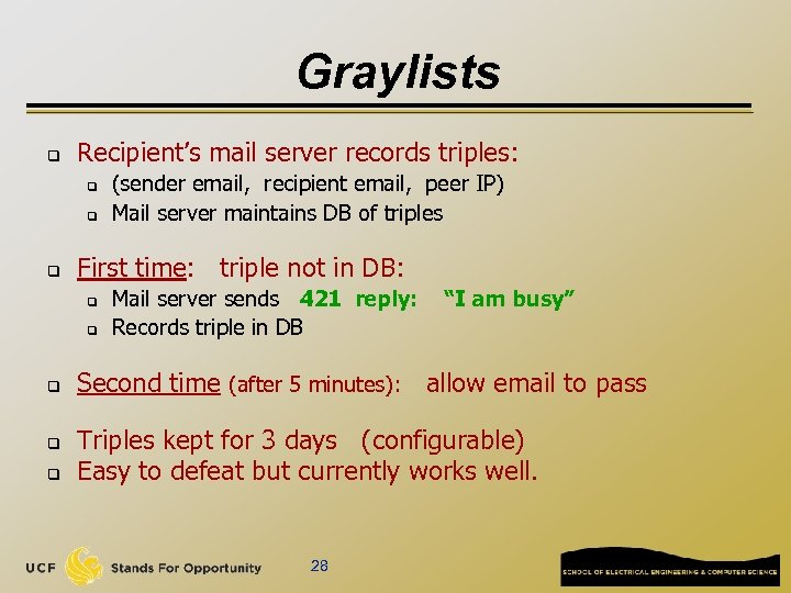 Graylists q Recipient’s mail server records triples: q q q First time: triple not