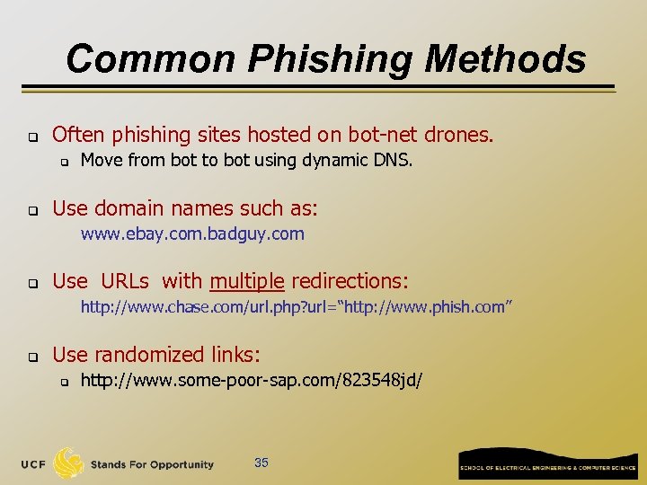 Common Phishing Methods q Often phishing sites hosted on bot-net drones. q q Move