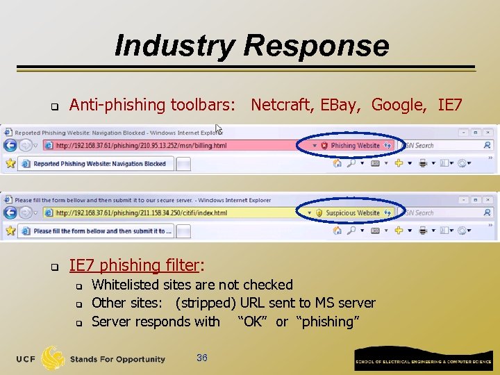 Industry Response q Anti-phishing toolbars: Netcraft, EBay, Google, IE 7 q IE 7 phishing