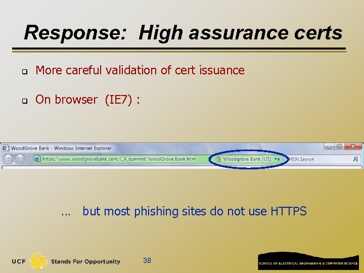 Response: High assurance certs q More careful validation of cert issuance q On browser