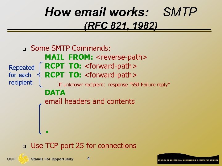 How email works: SMTP (RFC 821, 1982) Some SMTP Commands: MAIL FROM: <reverse-path> RCPT