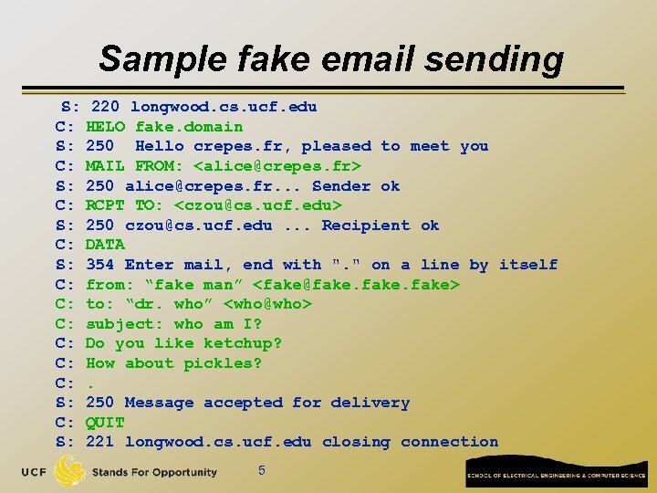 Sample fake email sending S: 220 longwood. cs. ucf. edu C: HELO fake. domain