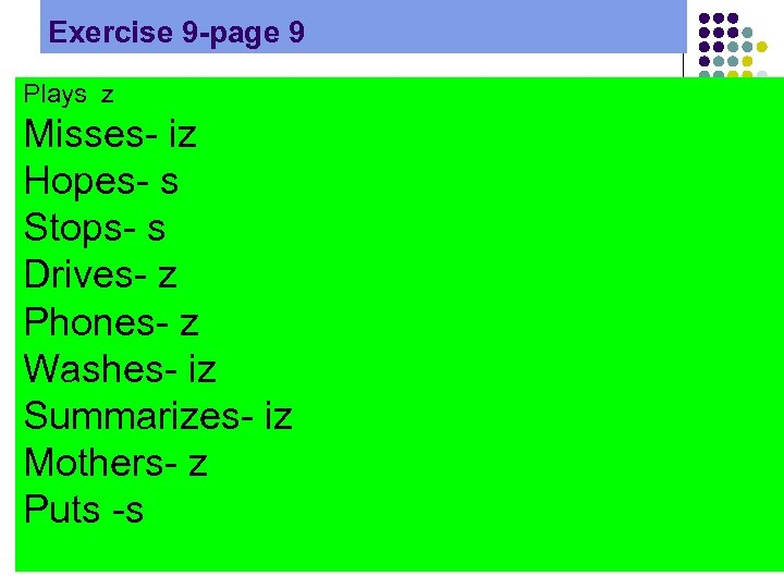 Exercise 9 -page 9 Plays z Misses- iz Hopes- s Stops- s Drives- z