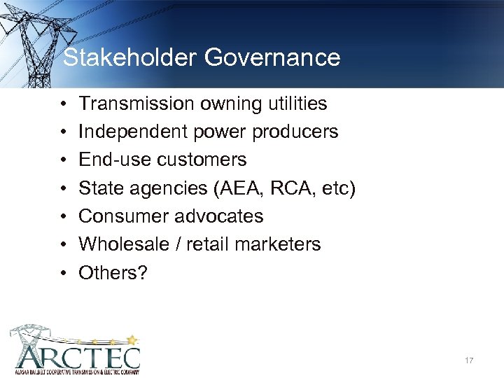 Stakeholder Governance • • Transmission owning utilities Independent power producers End-use customers State agencies