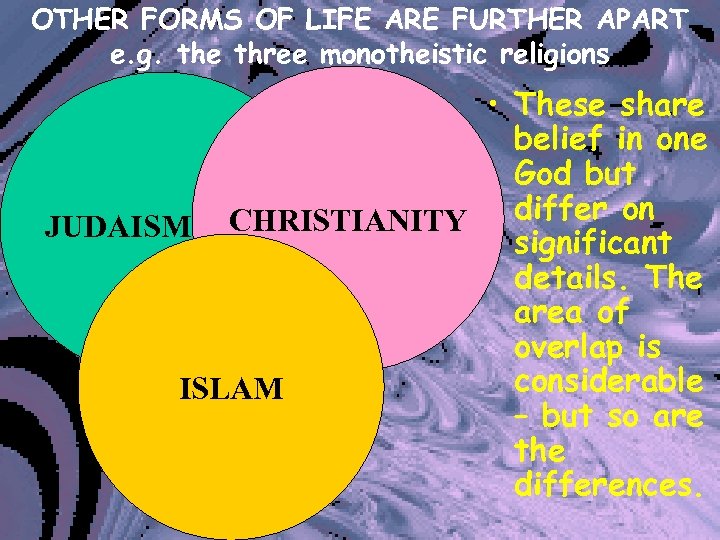 OTHER FORMS OF LIFE ARE FURTHER APART e. g. the three monotheistic religions •